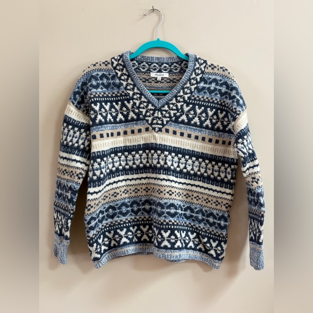 Madewell Forrest Fair Isle V-Neck Long Sleeve Wool Blend Sweater Boho Cottage